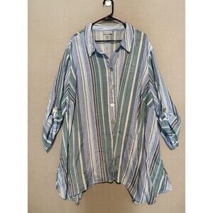 Catherines Striped Multicolor Button Down Blouse 3X Blue Womens Beachy Lagenlook
